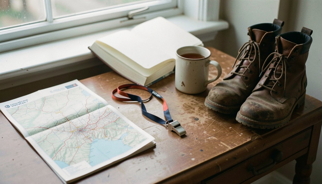 A desk by a window with an open notebook, a folded ordnance survey map, a whistle on a lanyard and a mug of tea beside a pair of muddy boots