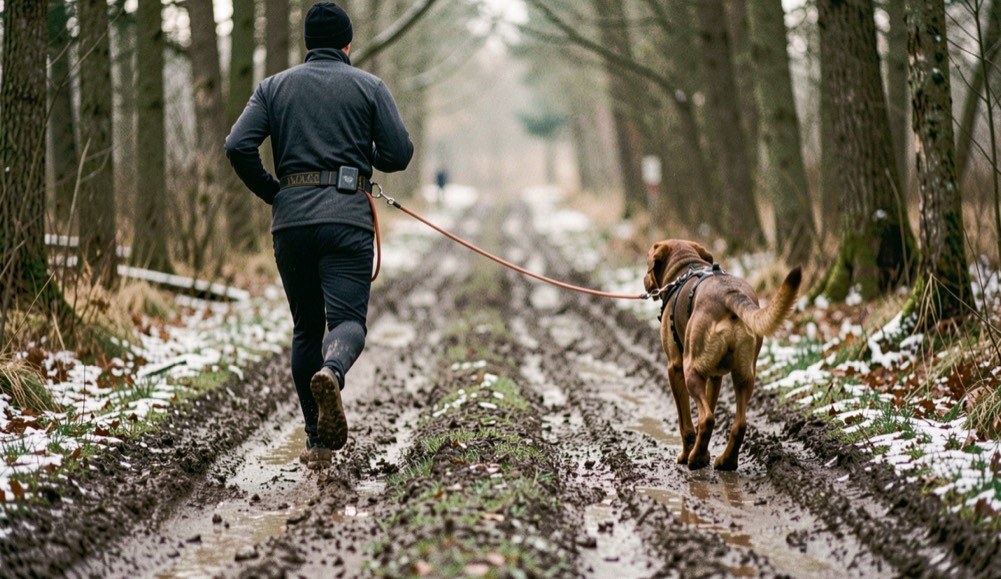 A runner in a waist belt attached by a bungee line to a dog in a pulling harness, both moving away along a muddy forest track in winter light