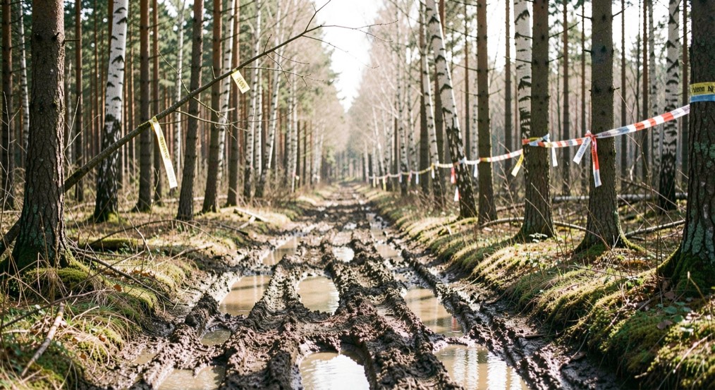 A wide forest ride with soft muddy ruts and puddles between conifers, marker tape tied to a branch, low bright sun through bare birches