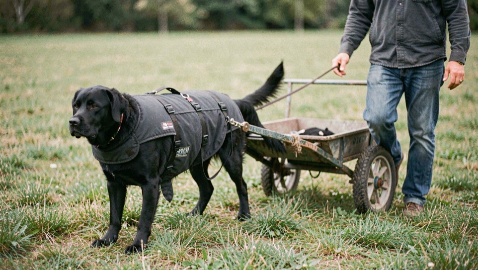 A large black dog in a padded draught harness hitched to a two wheeled cart on a grass field, a handler walking alongside on a loose lead