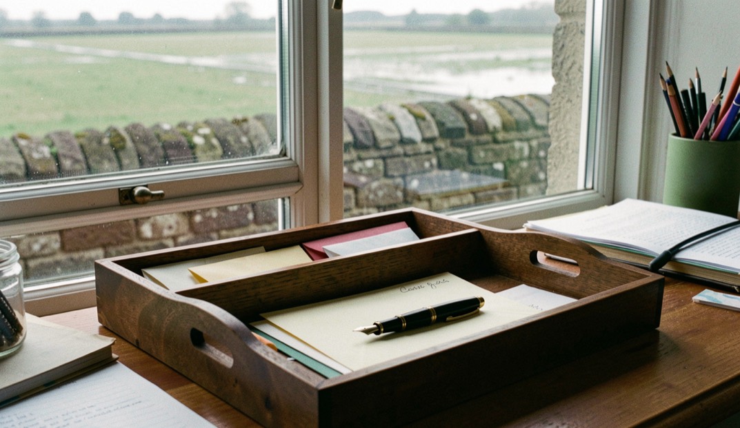 A wooden letter tray holding envelopes and a fountain pen on a desk, with a window behind looking out over wet fields and a stone wall