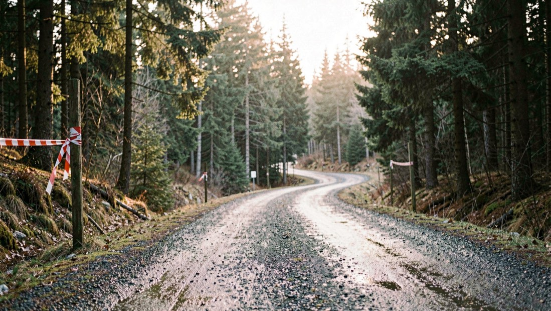 A wide forest track curving away between conifers with marker tape on a post, wet gravel surface and low winter sun through the trees