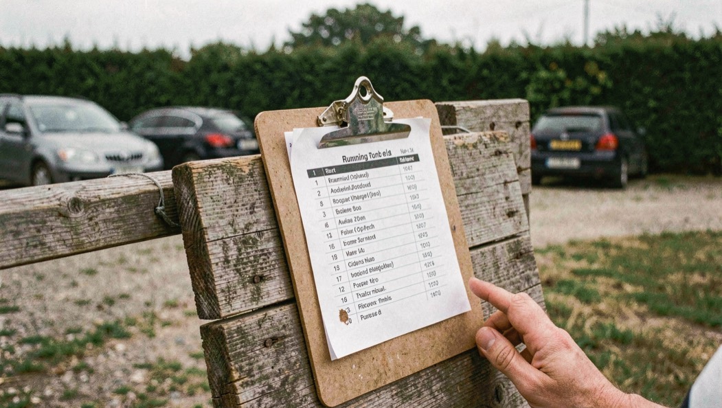 A clipboard holding a numbered running order sheet pinned to a wooden board at a trial ground, a hand resting on the edge, cars and a hedge behind