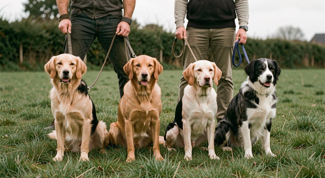 Four gundogs of different breeds sitting in a line on cut grass, each with a handler standing behind holding a slip lead, hedged field beyond