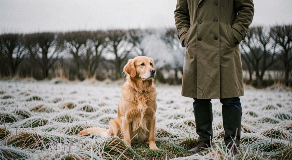 A retriever sitting steady in frosty stubble beside a handler in a waxed coat, breath showing in cold air, bare hedge and grey sky behind