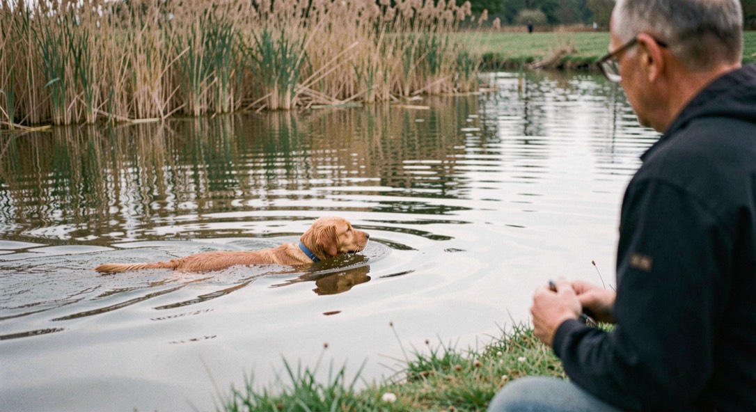 A retriever swimming across a still pond towards the bank with reeds behind, ripples spreading, a handler waiting on the grass edge