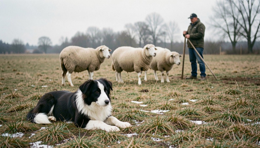 A young black and white collie lying flat in short wet grass watching three sheep, a handler at a post in a bare winter field behind