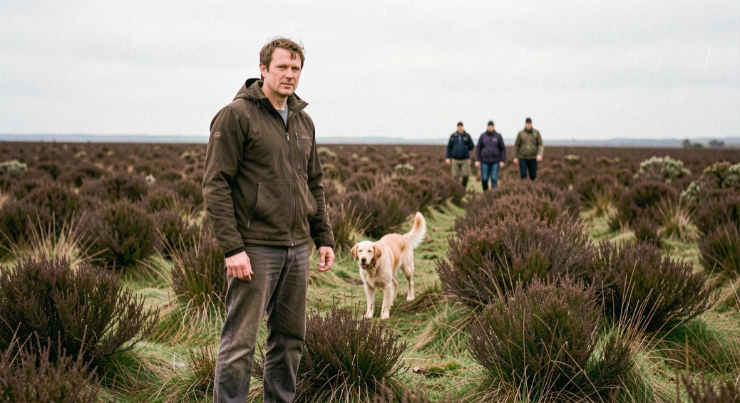 A setter standing rigid on point in deep heather on an open moor, a second dog stopped behind it, two handlers walking abreast in the distance