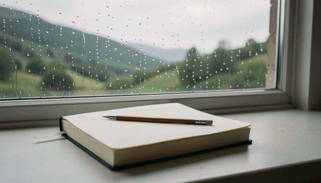 A closed field notebook with a pencil across it on a windowsill, rain on the glass and a blurred green hillside outside