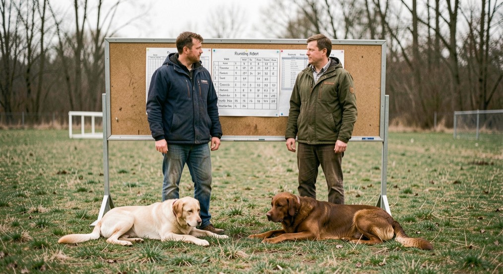 Two handlers waiting at a trial ground in early spring, dogs settled at their feet on short grass, a running order sheet pinned to a board behind them