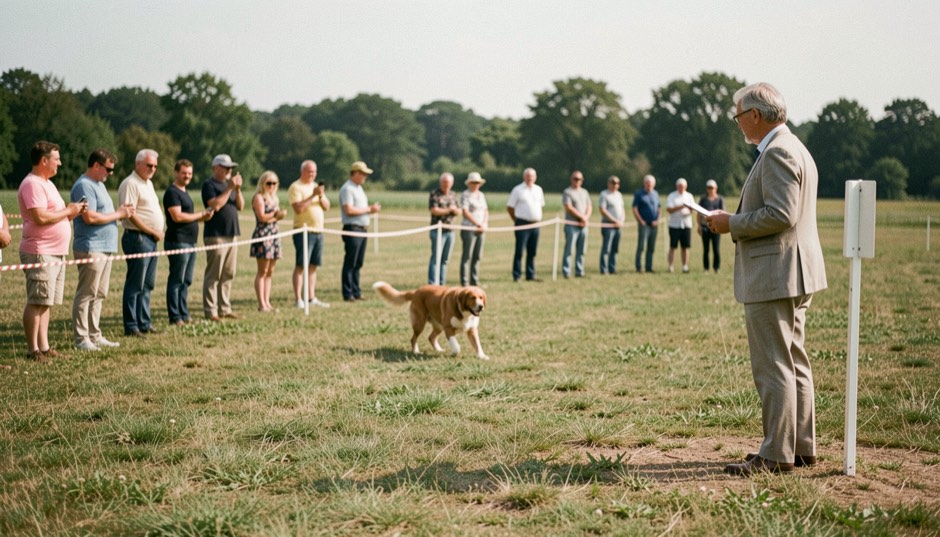 A trials field in summer with a line of spectators along a rope, a dog working at distance and a judge standing beside a white marker post