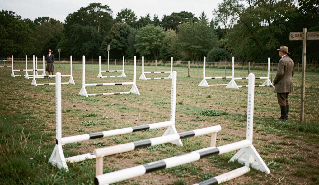 A trial field with two sets of white hurdle gates on a long fetch line, a small pen of hurdles in the foreground and a shepherd at a post