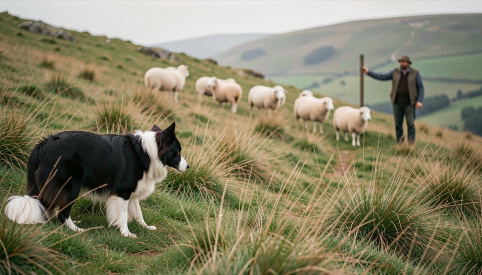 A border collie crouched low in long grass watching a small group of sheep at distance on a hillside, a shepherd standing at a post further back