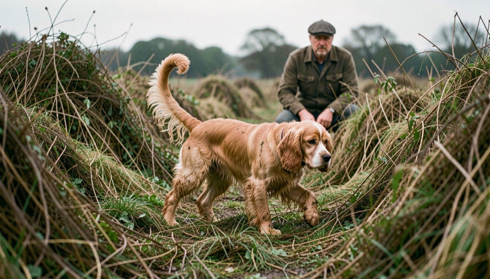 A working cocker spaniel quartering thick rushy cover with its tail going, a handler in a flat cap watching from a few yards behind