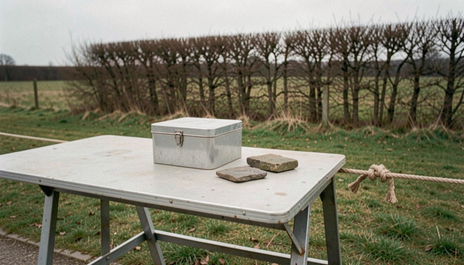 A closed metal cash tin and two flat stones on an empty trestle table at the edge of a trial field, a rope line and a bare hedge behind, overcast light