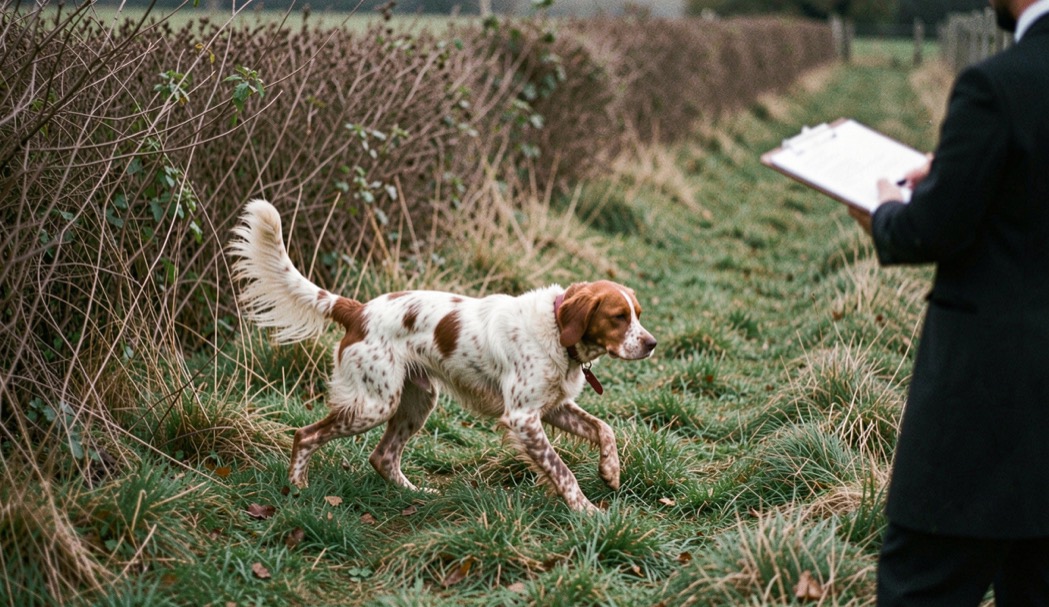 A working spaniel driving through a strip of rough grass and brambles with its tail moving, a steward with a clipboard standing at the edge