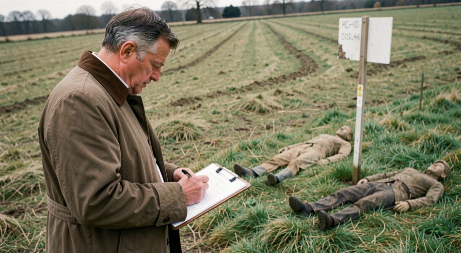A judge in a waxed coat writing on a clipboard at the edge of a mown field, two canvas dummies on the grass beside a marker post