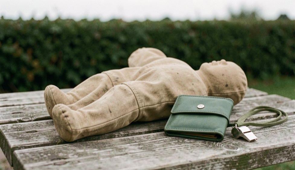 Two canvas training dummies and a green dummy wallet on a wooden bench beside a whistle on a lanyard, a hedged field out of focus behind